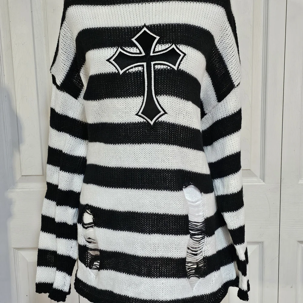 Black & White Striped Oversized Sweater with Cross Detail - Picture 2 of 6